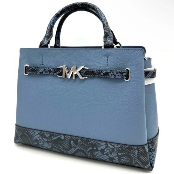 Michael Kors Large Reed Leather Belted Satchel Crossbody Bag Blue Snakeskin